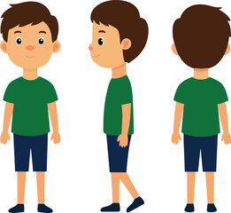 Cartoon boy shown from front side and back views wearing a green t shirt and blue shorts