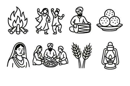 Lohri Celebration Icons. Lohri Cultural Heritage linear icon set. bonfire night, people dancing, dholak beats, sesame sweets, traditional attire, community feast, wheat sheaves