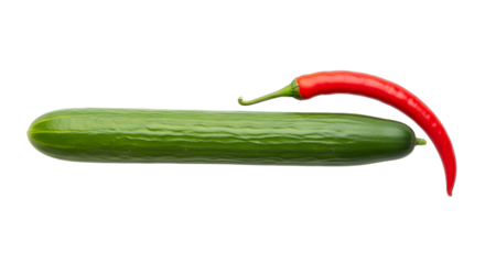 A long cucumber with a small red chili pepper resting on top isolated on transparent background