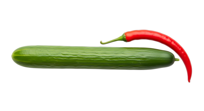 A long cucumber with a small red chili pepper resting on top isolated on transparent background