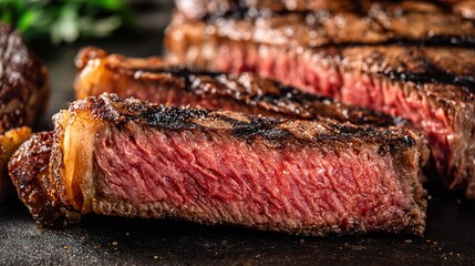 crosssection. Juicy steak with perfect grill marks, showcasing its rich texture against a dark rustic backdrop. menu design.