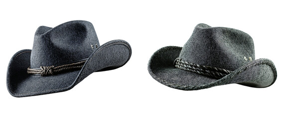Two stylish gray cowboy hats with braided bands on a stark on transparent background