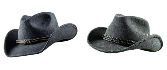 Two stylish gray cowboy hats with braided bands on a stark on transparent background