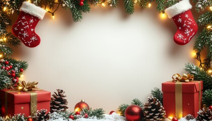 Cozy Christmas cartoon frame, warm palette of red, cream, and green, textured digital painting style, decorated with stockings, gift boxes, fairy lights, pine cones, and snow, charming handmade vibe