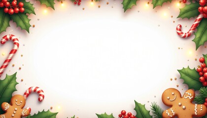 Cute cartoon Christmas frame, festive border of candy canes, holly leaves, red berries, gingerbread cookies, sparkles, empty center space for text