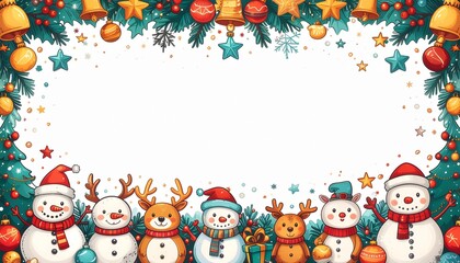 Playful cartoon Christmas border, bright colors, cheerful characters like snowman and reindeer, cute doodle style, twinkling stars and bells around the edges, spacious center for Christmas greetings