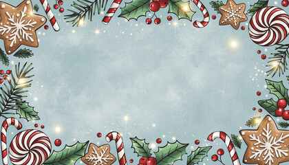 Cute cartoon Christmas frame, festive border of candy canes, holly leaves, red berries, gingerbread cookies, sparkles, empty center space for text