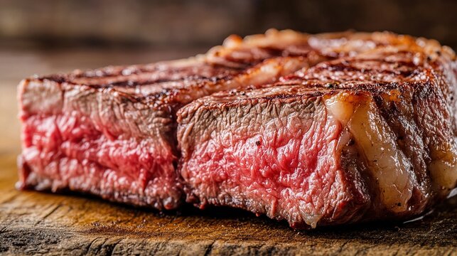 crosssection. Juicy steak with perfect grill marks, showcasing its rich texture against a dark rustic backdrop. menu design.