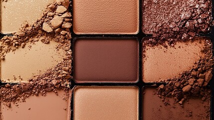 Close-up of a brown eyeshadow palette with various shades, symbolizing versatility and elegance.