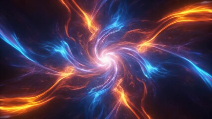 Abstract fractal energy flows in vortex form, radiating bright light, dynamic plasma threads of blue and orange in dark cosmic space, power fusion - Powered by Adobe