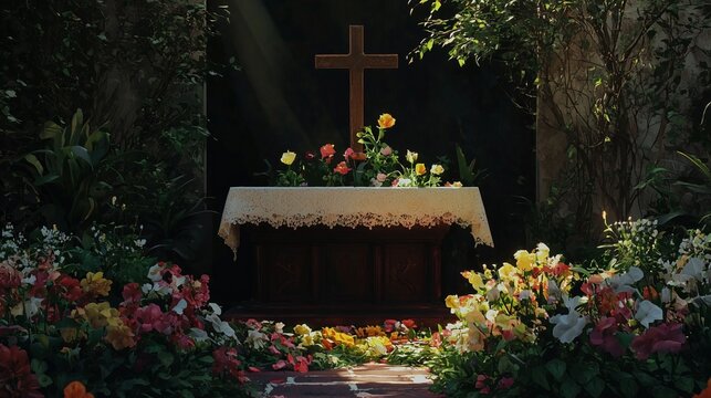 Altar with cross and flowers symbolizes peace and remembrance at a memorial service.