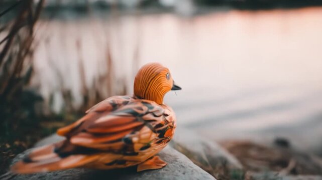 A vibrant orange wooden duck, perched on a rock, with water and foliage blurred in the background