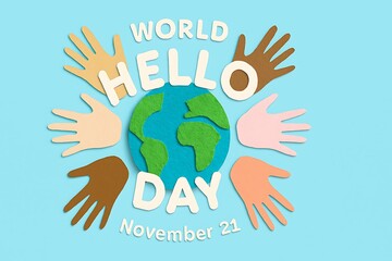 World hello day celebration with diverse hands around the globe