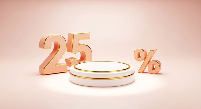 Twenty Five Percent Sales Discount Display with Golden Border Podium Presentation in Pastel Peach Isolated Background for Promotion Advertising Design