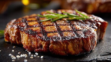 crosssection. Juicy steak with perfect grill marks, showcasing its rich texture against a dark rustic backdrop. menu design.