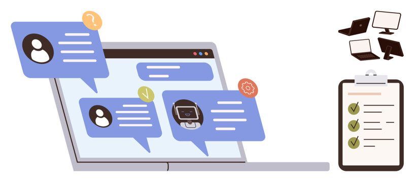 Chat bubbles pop on laptop screen representing digital communication. Checklist clipboard for goal tracking, additional devices indicate multichannel connectivity. Ideal for teamwork, remote work