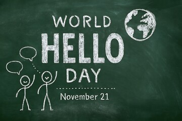 World hello day chalkboard art with stick figures and globe