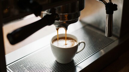 Premium espresso machine brewing rich coffee into a ceramic cup. Fresh crema, soft steam, warm...