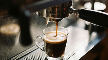 Premium espresso machine brewing rich coffee into a ceramic cup. Fresh crema, soft steam, warm...