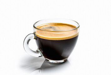Fresh Espresso Coffee with Golden Crema in a Clear Glass Cup Isolated on White Background