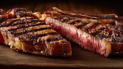 crosssection. Juicy steak with perfect grill marks, showcasing its rich texture against a dark rustic backdrop. menu design.