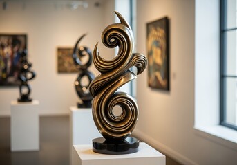 Elegant bronze abstract sculpture showcased within a gallery setting with paintings, concept for interior design, art appreciation and modern art exhibitions