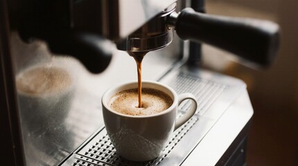 Premium espresso machine brewing rich coffee into a ceramic cup. Fresh crema, soft steam, warm light. Perfect product photo for coffee advertising, branding, and cafe promotion.