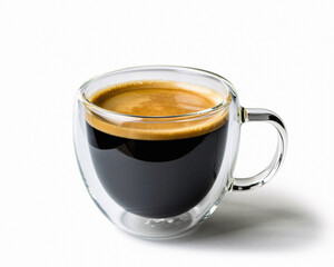 Fresh Espresso Coffee with Rich Crema in Modern Double-Walled Glass Cup Isolated on White Background