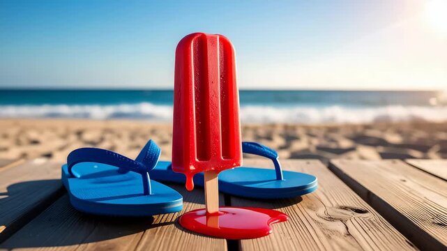 A red popsicle melting on a wooden deck next to blue flip-flops at the beach.