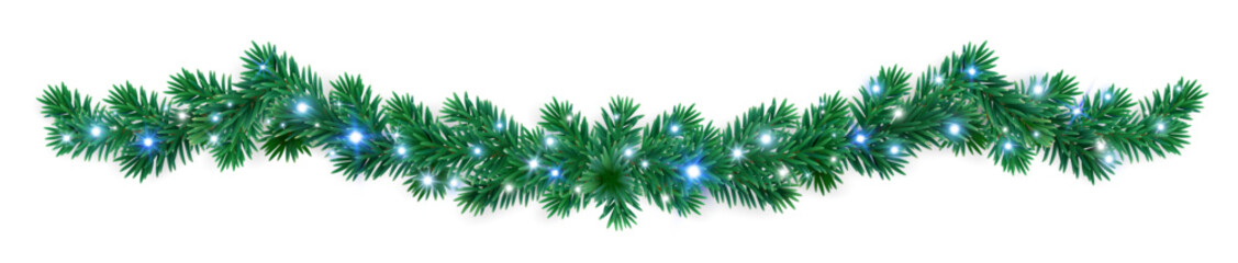 Blue and white glowing Christmas tree garland with sparkling lights. Perfect festive border for Christmas cards, banners, and winter holiday design. © Olga Prozorova
