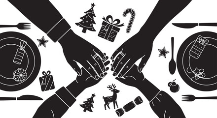 Festive Friendsgiving or Christmas Dinner Gathering Silhouette Illustration Template Vector