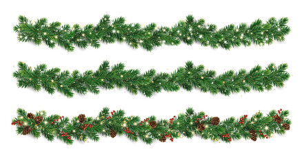 Fototapeta premium Christmas tree garlands of lush green fir branches with glowing lights, confetti, pine cones, holly berries. Realistic horizontal borders for cards and banners. Transparent background in vector file.