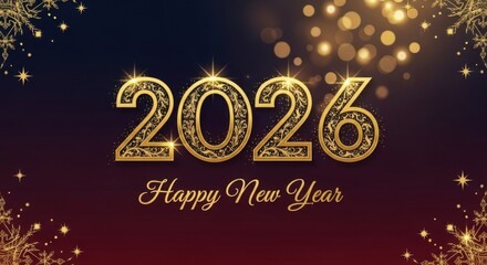 Elegant 2026 new year greeting card with golden patterned numbers and bokeh effects