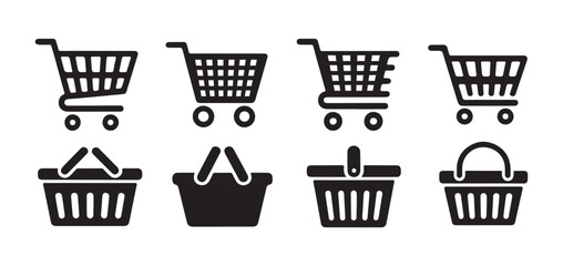 Shopping carts and baskets icons silhouette for online store shopping