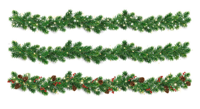 Christmas tree garlands of lush green fir branches with glowing lights, confetti, pine cones, holly berries. Realistic horizontal borders for cards and banners. Transparent background in vector file.