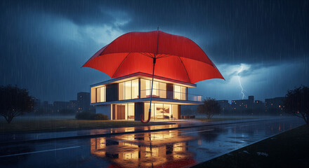 Modern Architectural House sheltered by Giant Red umbrella in Heavy Rain.