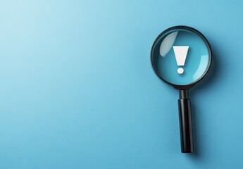 Magnifying glass over exclamation point on blue background