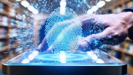 A hand interacting with a digital interface, biometric fingerprint scan, tech theme, with blurred bookshelves - Powered by Adobe