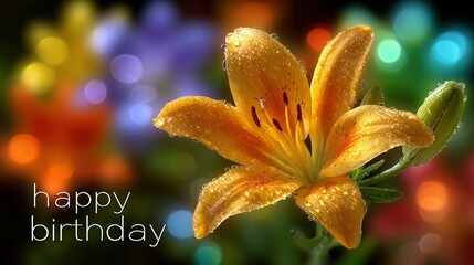 Vertical birthday post: 3D "Happy Birthday" typography beside single orchid, purple-blue gradient, particle orbs, wide-angle depth, razor-sharp, ideal for app splash, brand birthday reel opener or rol