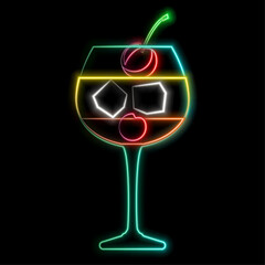 Glow neon sign of cocktails bar on dark brick wall background. Glowing gas advertising