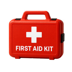 Obraz premium Red first aid kit box with white cross symbol isolated on white background representing emergency safety healthcare and medical preparedness concept for protection and care