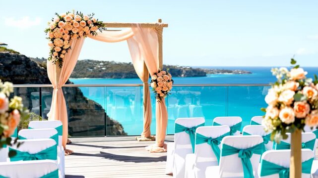 Empty luxury wedding ceremony setup with a floral arch, white chairs, and teal sashes on a deck overlooking a sunny ocean view