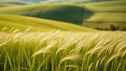 ryegrass. Field of ryegrass swaying in the breeze under morning sunlight, serene landscape. gardening catalogs, home-decor guides, designed for gardening and botanical catalogs.