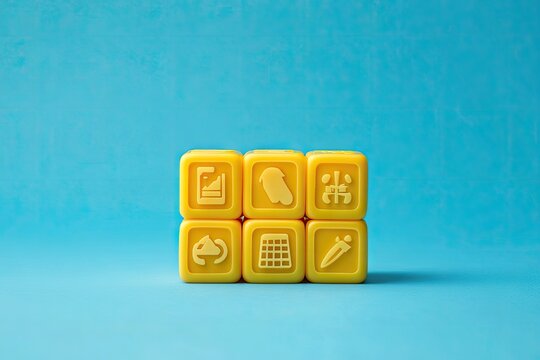 Yellow cubes with app icons on a blue background - Powered by Adobe