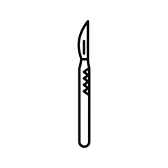 A line art illustration of a surgical scalpel, a medical instrument used for incisions, isolated on