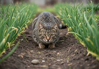 A striped tabby cat crouches low in a garden row of tall green plants, its body tense and focused, ready to pounce or stalk, with rich dark soil and a small pebble in the foreground