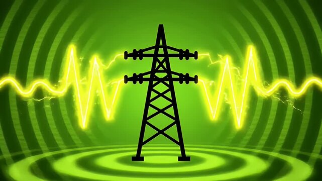 Silhouette of an electrical transmission tower with yellow lightning on a green background graphic