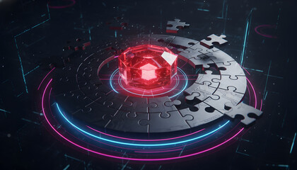 Futuristic Puzzle Concept with a Glowing Core Representing Innovation and Connection