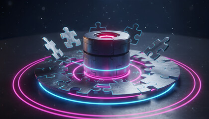 Abstract Puzzle Solution Concept with Glowing Neon Light and Technology