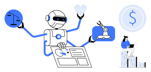 Multifunctional robot managing justice, healthcare, industrial robotics, and financial systems. Ideal for AI, automation, innovation, robotics ethics industry and technology. Simple flat metaphor